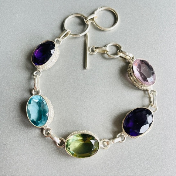 Multi Colored Cubic Zirconia Ornate Oval Link Sterling Silver Toggle Bra… - Picture 3 of 10